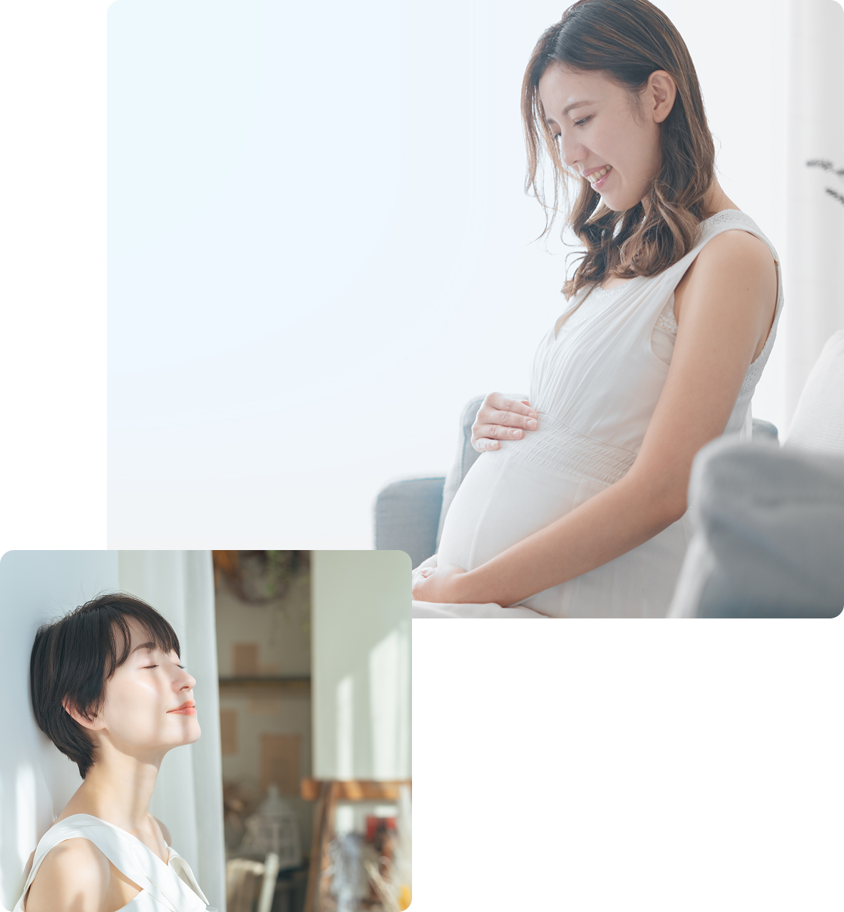 ソファに座りお腹を抱える妊婦の女性の写真と窓際で外を眺めるショートヘアの女性の写真