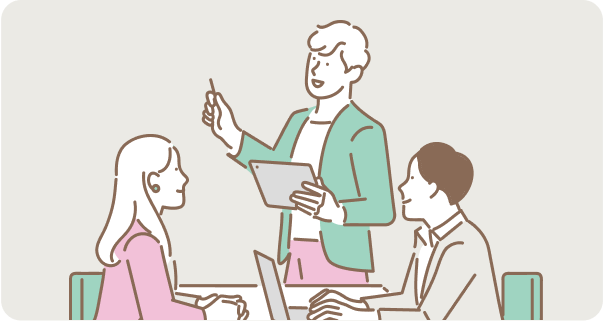 会議でタブレットを使いながら説明する人と話を聞く2人のイラスト