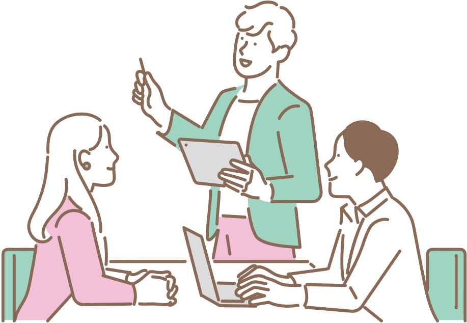 会議でタブレットを使いながら説明する人と話を聞く2人のイラスト