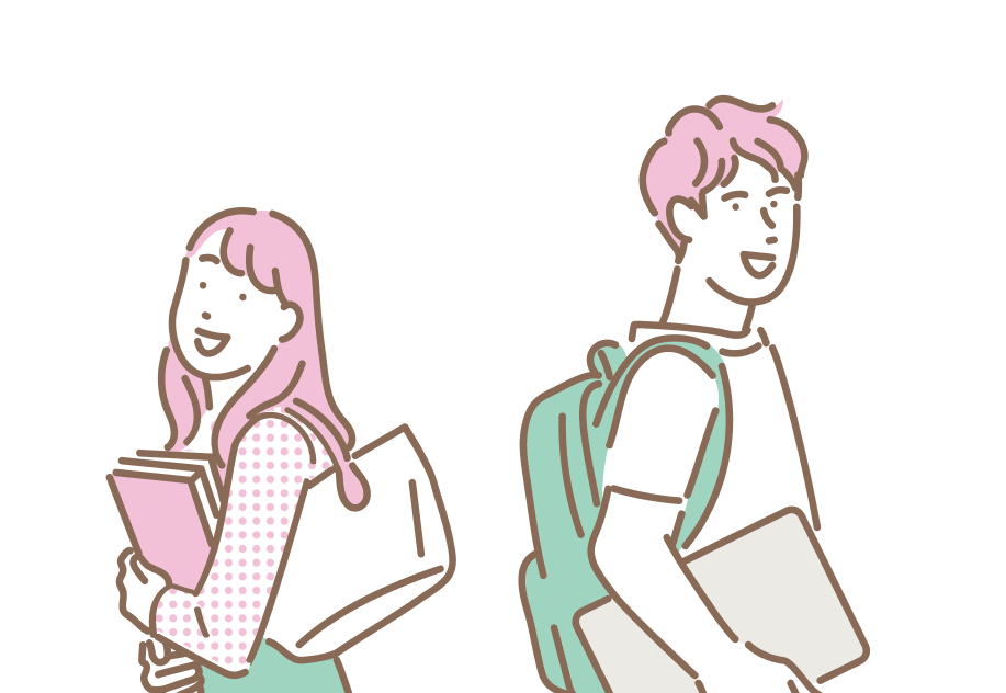 本を持つ女性とリュックを背負う男性が背を向けて立って、こちらに笑顔を向けている様子を表したイラスト